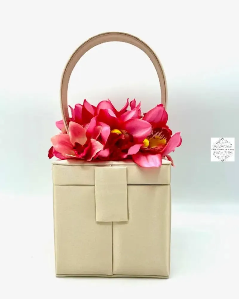 Beige Silk Square Box Bag with Colorful Orchids