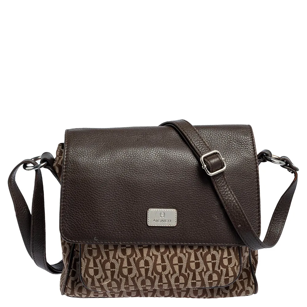 Beige/Brown Signature Canvas and Leather Flap Shoulder Bag
