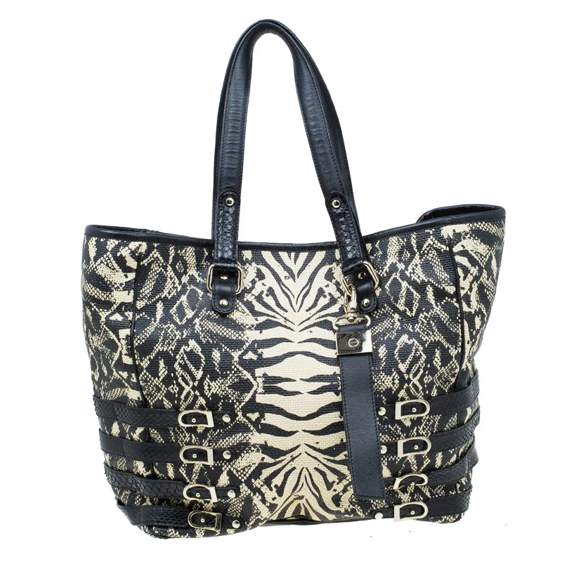 Black/Beige Printed Raffia Babeth Shopper Tote