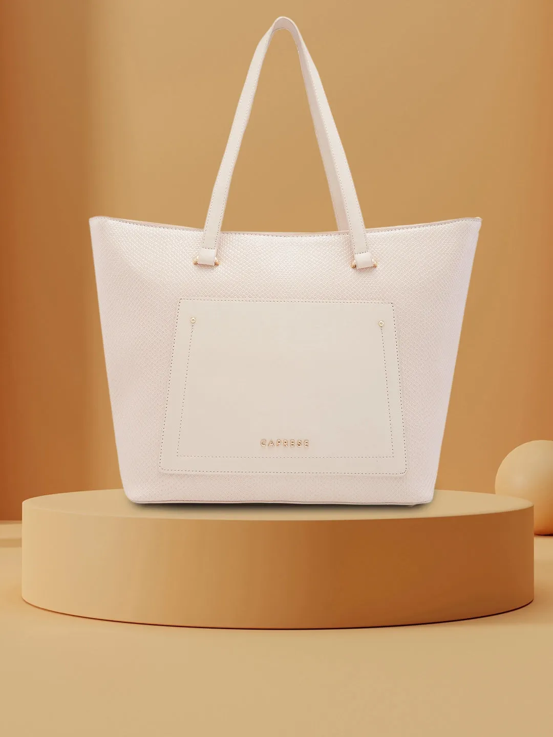 Caprese Roima Tote Large Self Design Women'S Office Handbag Beige