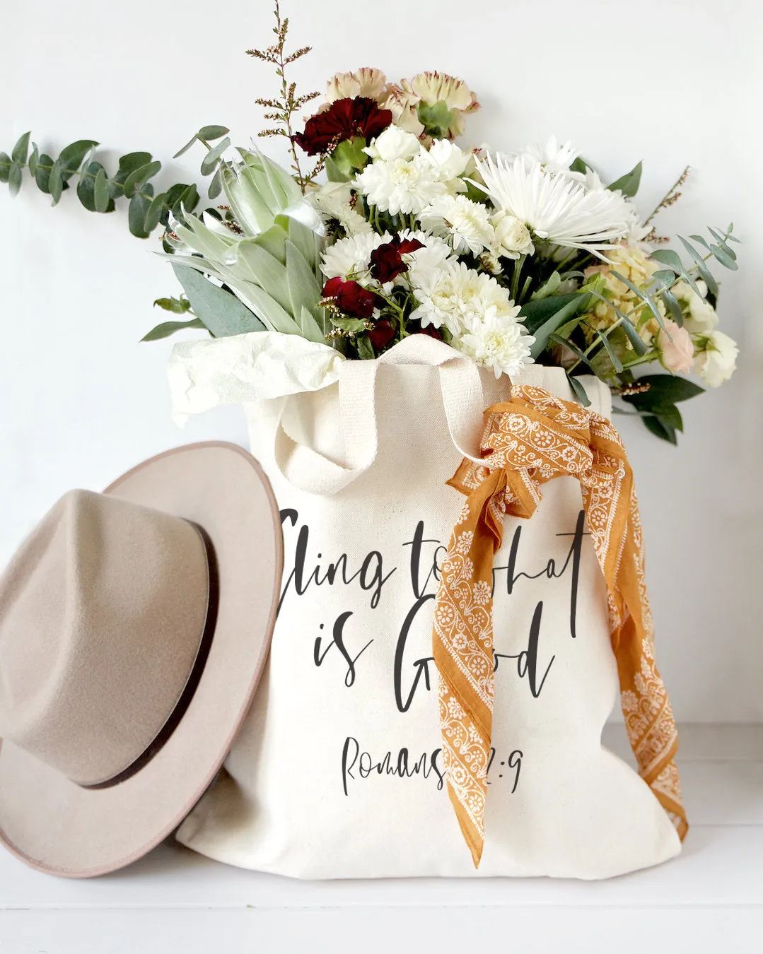 Cling to What is Good, Romans 12:9 Cotton Canvas Tote Bag by The Cotton & Canvas Co.