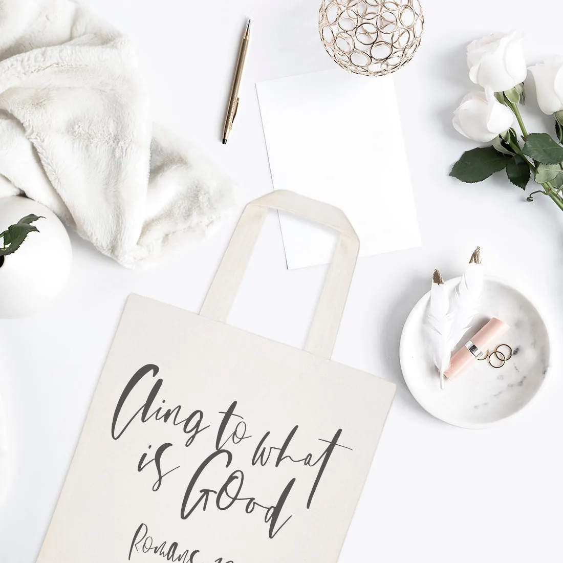 Cling to What is Good, Romans 12:9 Cotton Canvas Tote Bag by The Cotton & Canvas Co.