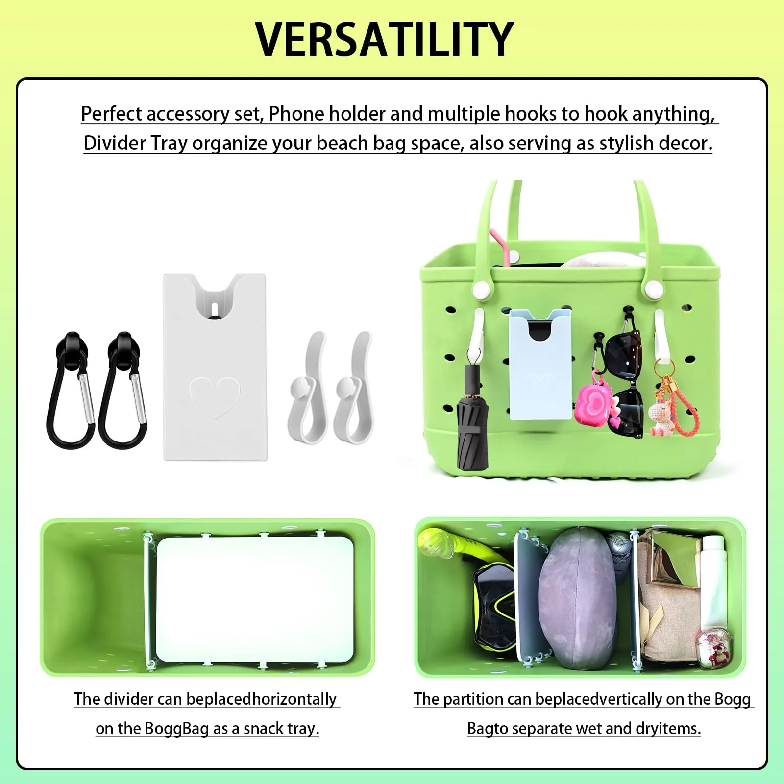 Kooterfun 7Pcs Divider Tray for Bogg Bag X-Large Original Accessories 12X8.5in with Phone Holder & Hooks key Holder for Bogg Bag & Rubber Beach Bag Organizing Your Bag and Divide Spac