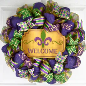 Mardi Gras Wreath - Burlap Fat Tuesday Mesh Front Door Wreath - Purple Emerald Green Gold