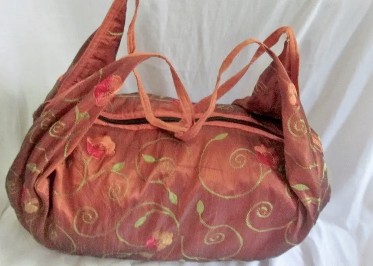 NEW Embroidered Metallic Festival Sling Tote Vegan Ethnic Shoulder Bag RUST ORANGE XL
