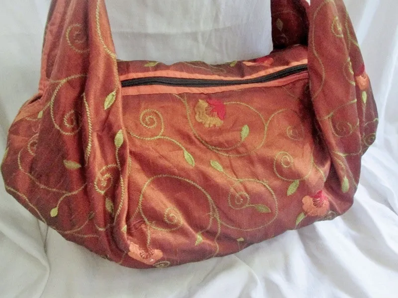 NEW Embroidered Metallic Festival Sling Tote Vegan Ethnic Shoulder Bag RUST ORANGE XL