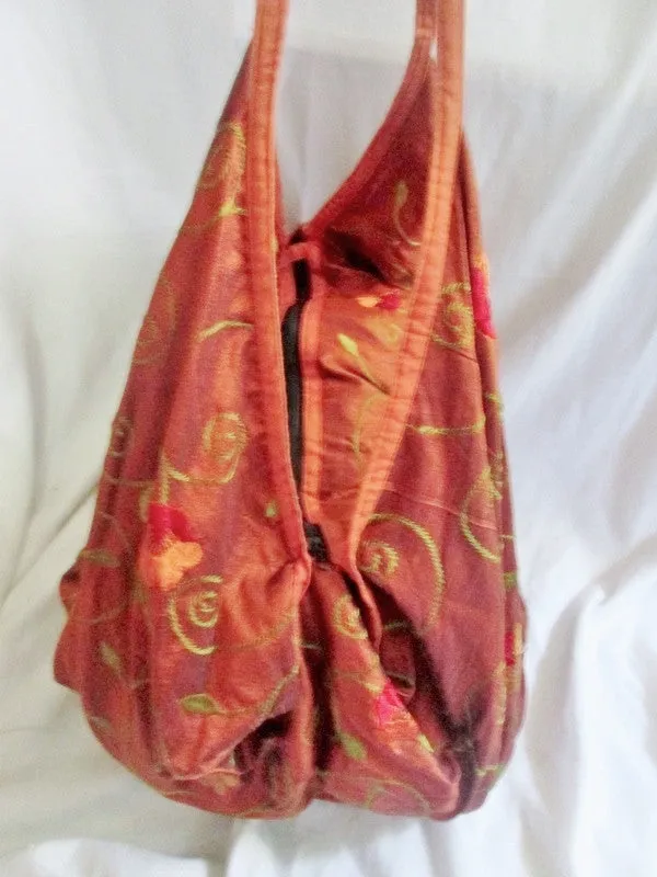 NEW Embroidered Metallic Festival Sling Tote Vegan Ethnic Shoulder Bag RUST ORANGE XL