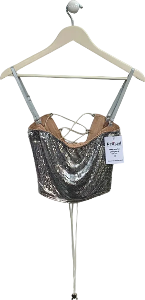 Poster Girl Silver Sequin Crop Top with Lace-up Back UK S