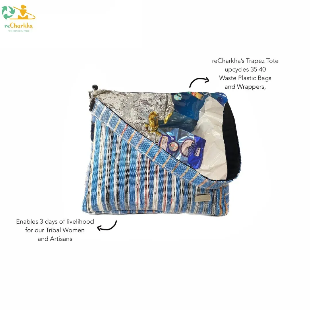 RECRAFTED - Blue Glitter with Multicolor Belt Trapeze Tote (RTT0624-004) PS_W
