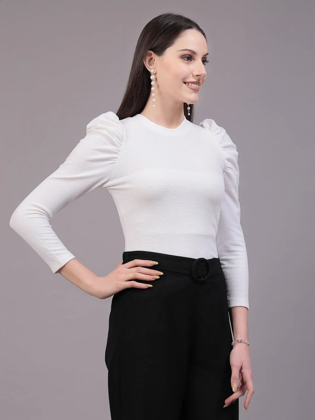 Style Quotient Women White Texture Polyester Slim Fit smart casual Puff Full Sleeve Top