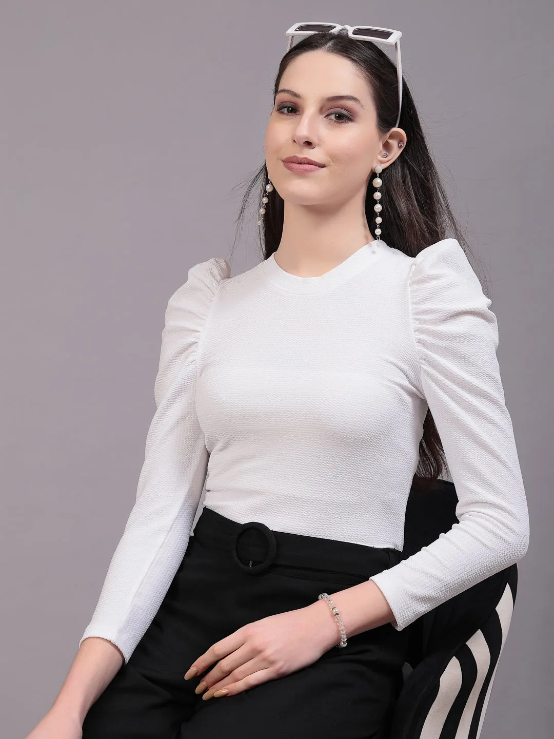 Style Quotient Women White Texture Polyester Slim Fit smart casual Puff Full Sleeve Top