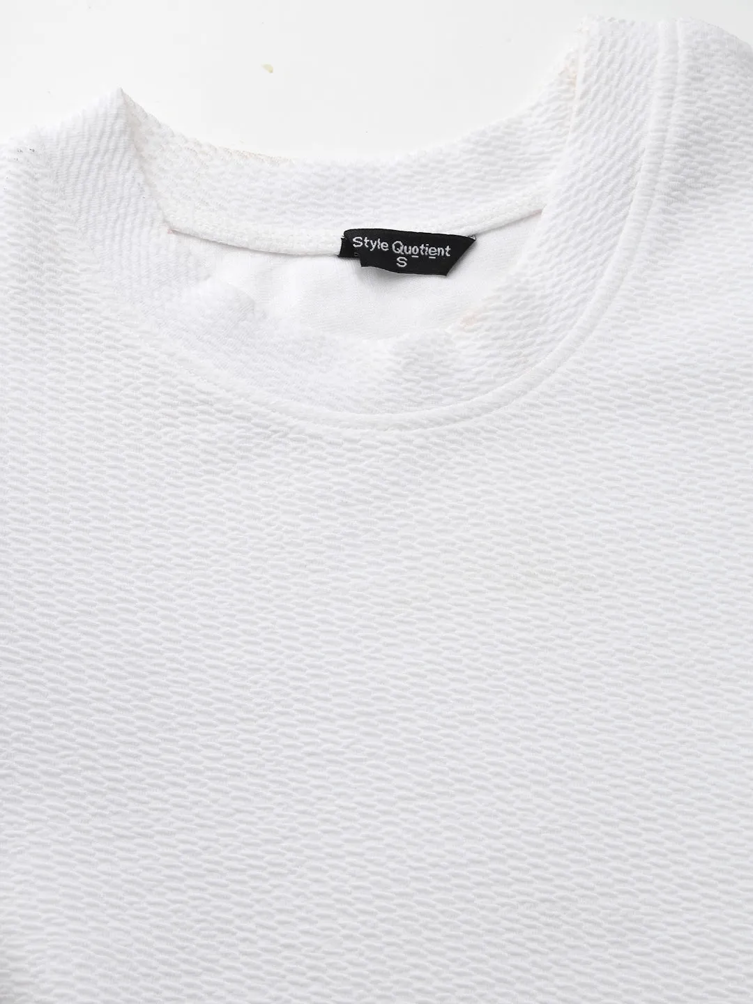 Style Quotient Women White Texture Polyester Slim Fit smart casual Puff Full Sleeve Top
