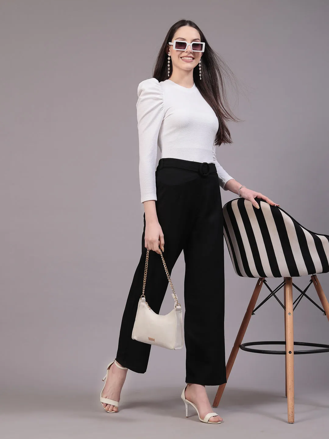 Style Quotient Women White Texture Polyester Slim Fit smart casual Puff Full Sleeve Top